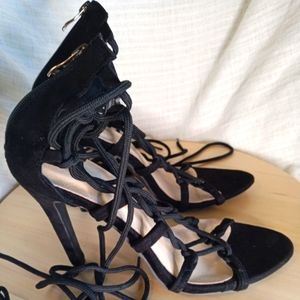 Black Sued Lace Up the Leg High Heel Stiletto Shoes Size 43 Excellent Condition
